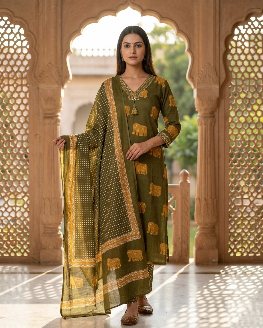 Olive Green Heritage Elephant Motif 3-Piece Kurta Set