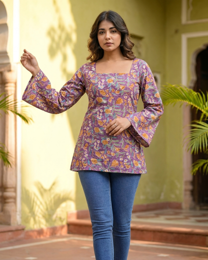 Royal Purple Floral Cotton Kurti with Lace-Up Back & Bell Sleeves