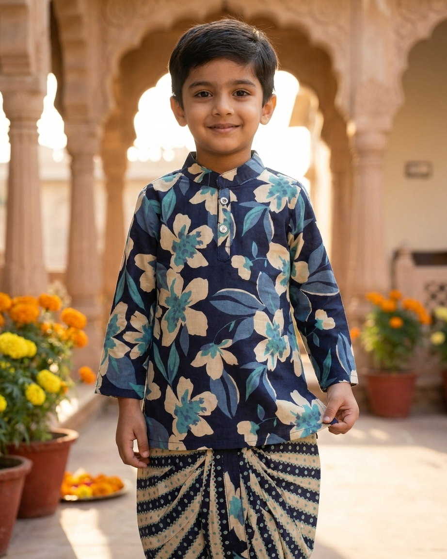 Midnight Flora & Stripes: Boys' Cotton Kurta & Stitched Dhoti Set