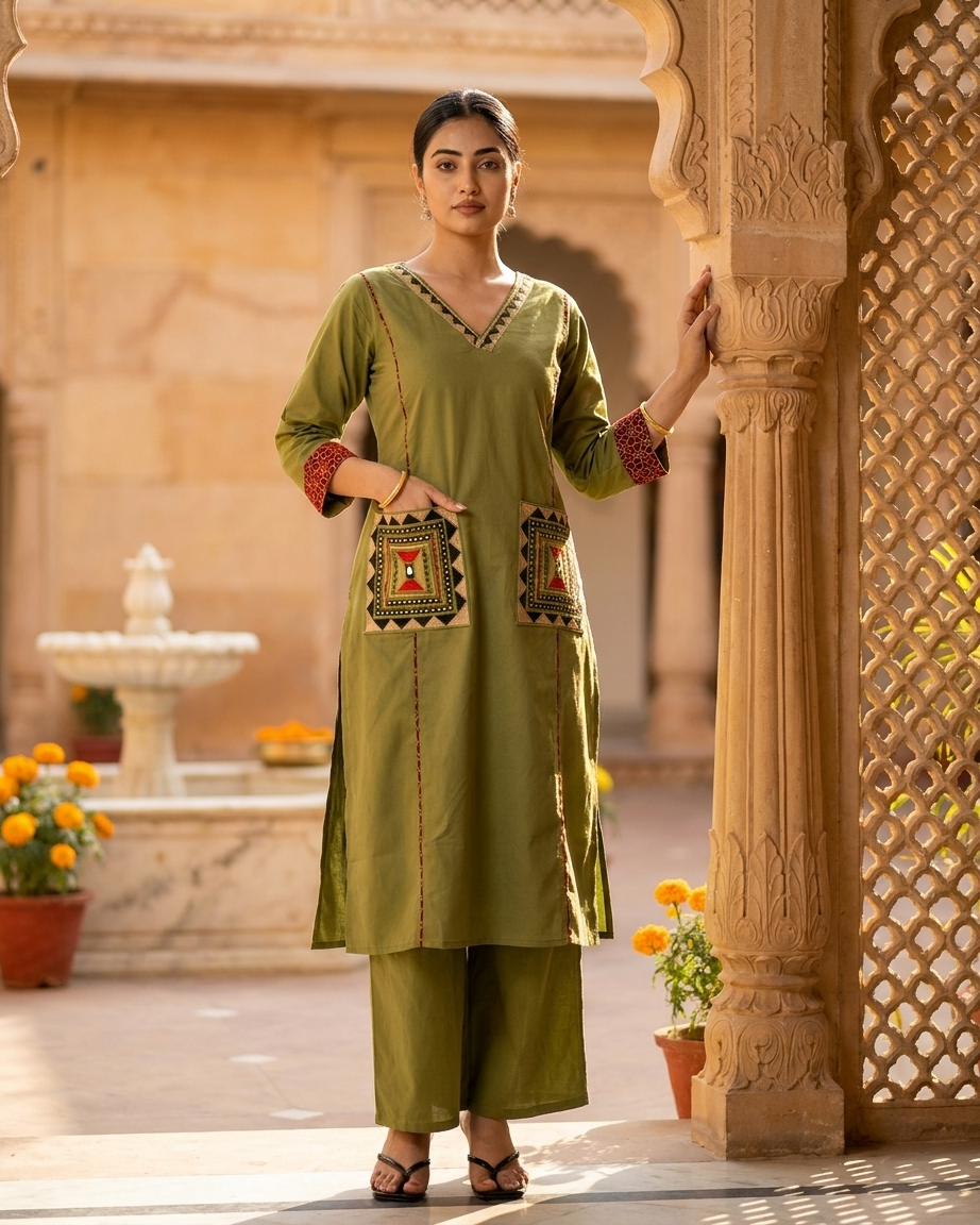 Green Geometric Embroidered Pocket Kurta Set