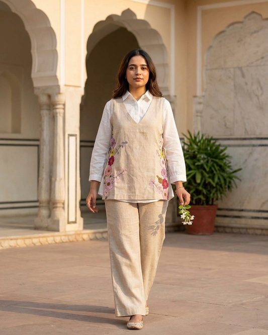 Floral Embroidered Layered Vest and Trouser Co-ord Set