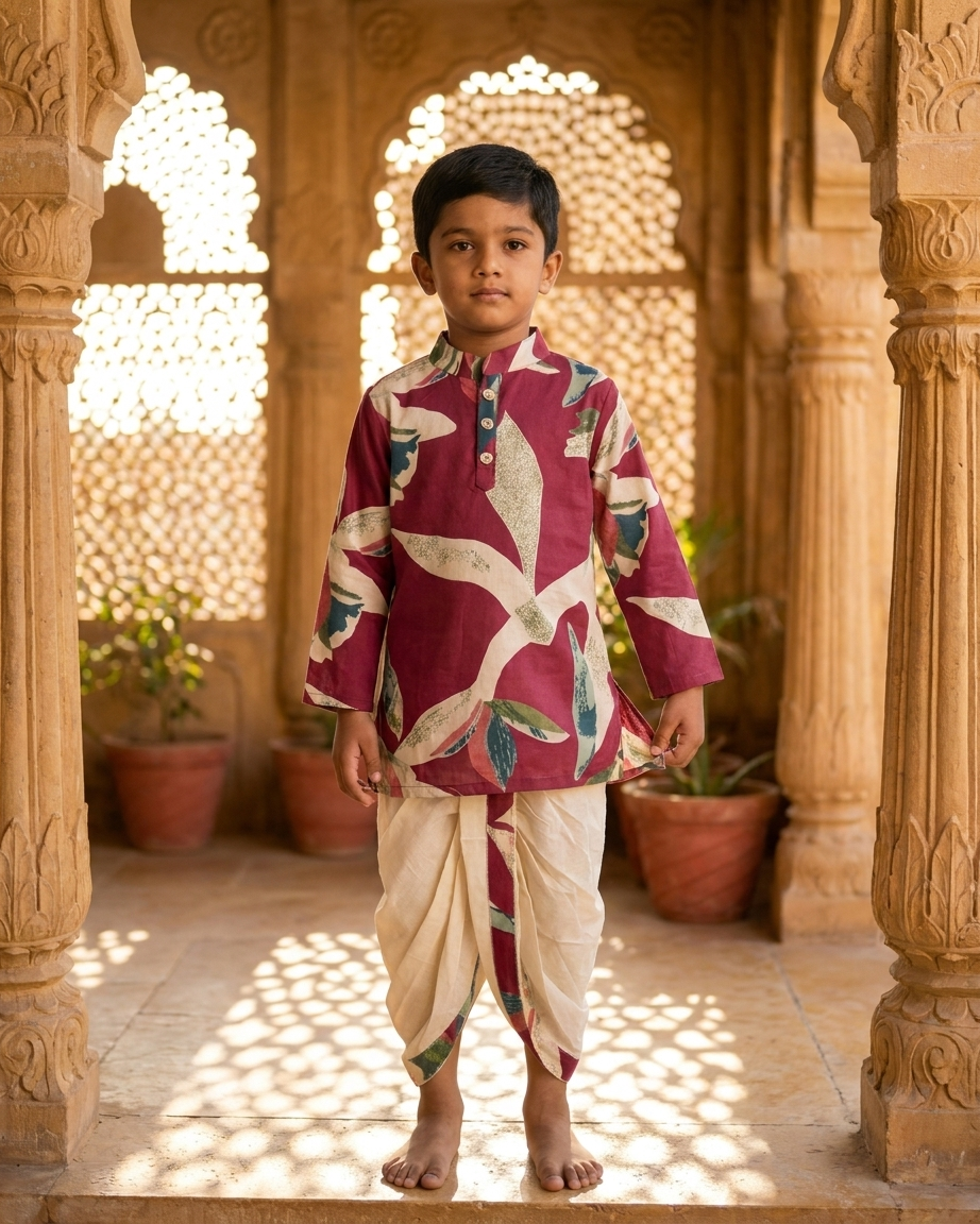 Crimson Botanic Boys' Cotton Kurta & Ready-to-Wear Dhoti Set