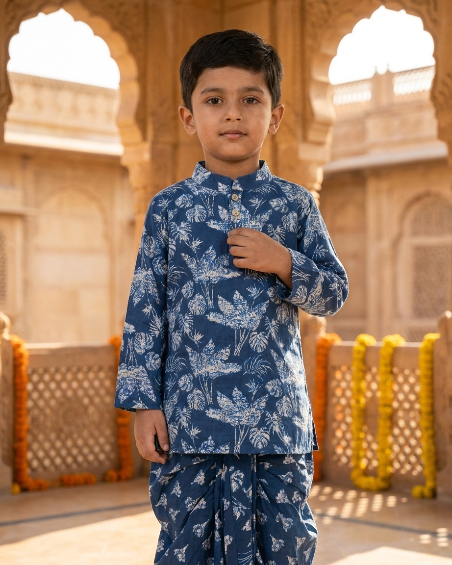 Midnight Botanic Boys' Cotton Kurta & Ready-to-Wear Dhoti Set