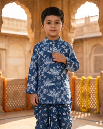 Midnight Botanic Boys' Cotton Kurta & Ready-to-Wear Dhoti Set
