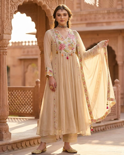 Floral Embroidered Gathered Anarkali Suit Set