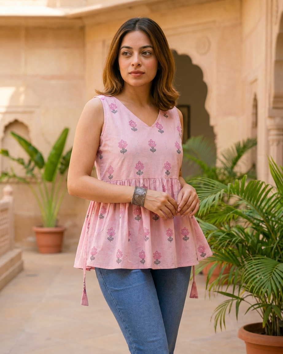 Soft Pink Floral Boota Sleeveless Peplum Top