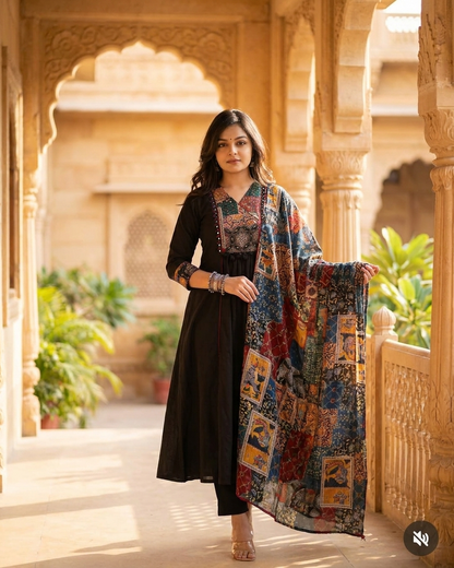 Heritage Patchwork Print Gathered Kurta Set with Statement Dupatta