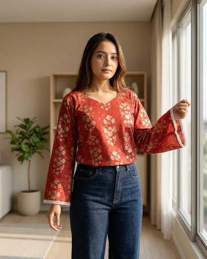 Crimson Red Botanical Tunic with Lace Trim