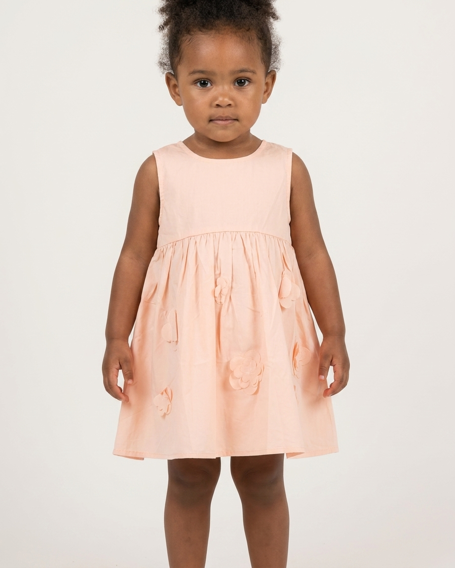 Peach Blossom: Girls' Sleeveless Cotton Dress with 3D Floral Applique