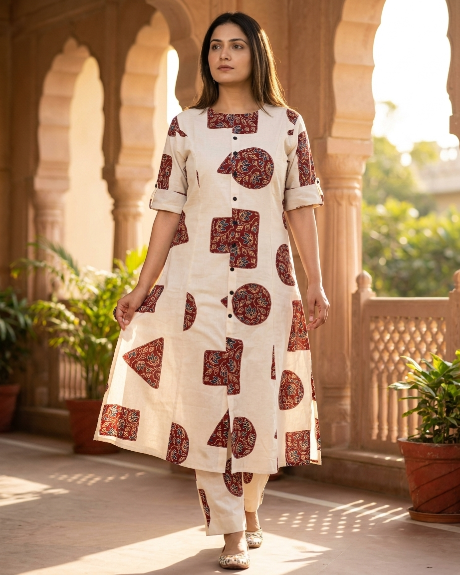 Ivory & Madder Red Geometric Patchwork-Style Kurta Set with plazo