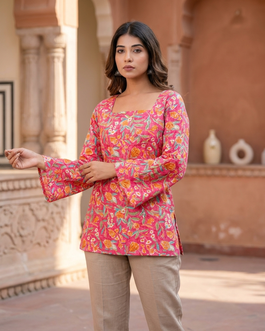 Blush Pink Floral Cotton Kurti with Lace-Up Back & Bell Sleeves