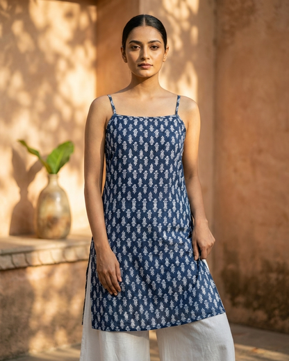 Indigo Blue Cotton Spaghetti-Strap Kurti with White Leaf Boota Print