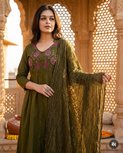 Embroidered Gathered Kurta Set with Crinkled Dupatta