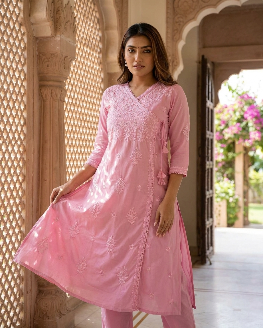 Soft Pastel Angrakha chikan kari Embroidered Kurta Set in Pink