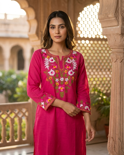 Floral Embroidered Kurta Set in Rani pink