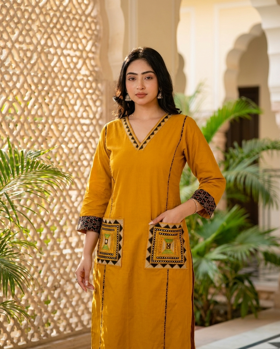 Mustard Geometric Embroidered Pocket Kurta Set