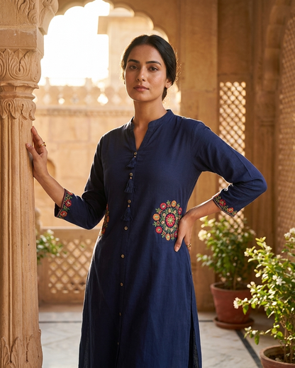 Elegant Front-Button Tassel Kurta with Mandala Embroidery