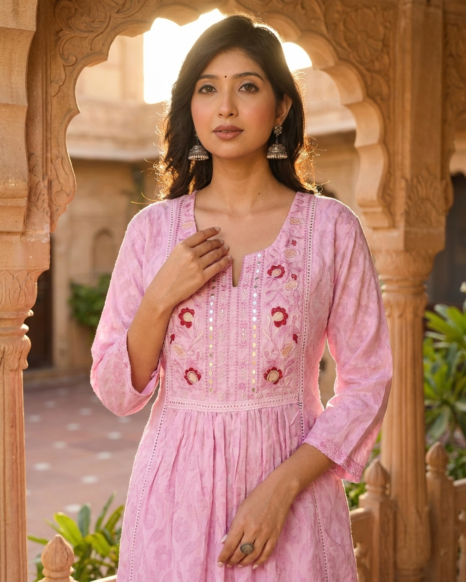 Soft Pink Floral Embroidered Gathered Tunic