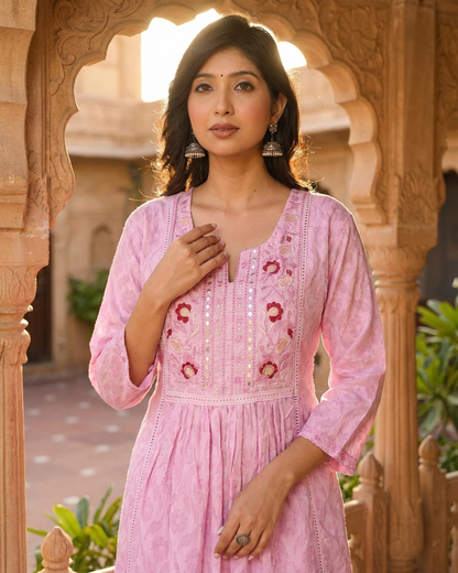 Soft Pink Floral Embroidered Gathered Tunic