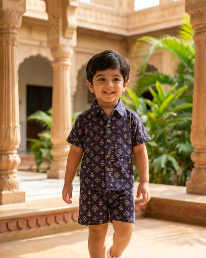 Midnight Geometric Block Print Boys' Cotton Co-ord Set: Shirt & Shorts