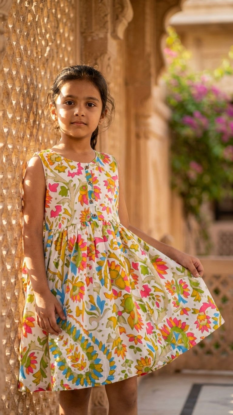 Bohemian Blossom: Girls' Cotton Floral Print Sleeveless Frock