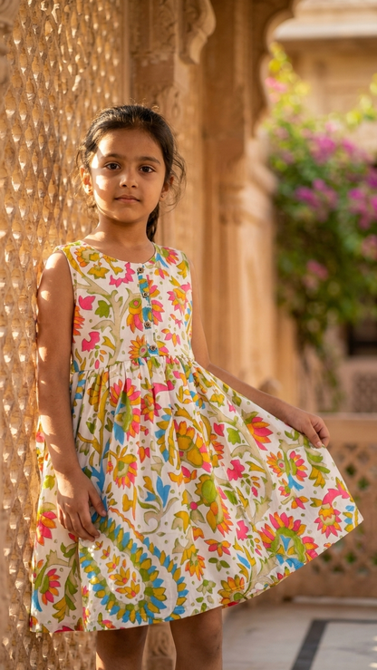 Bohemian Blossom: Girls' Cotton Floral Print Sleeveless Frock