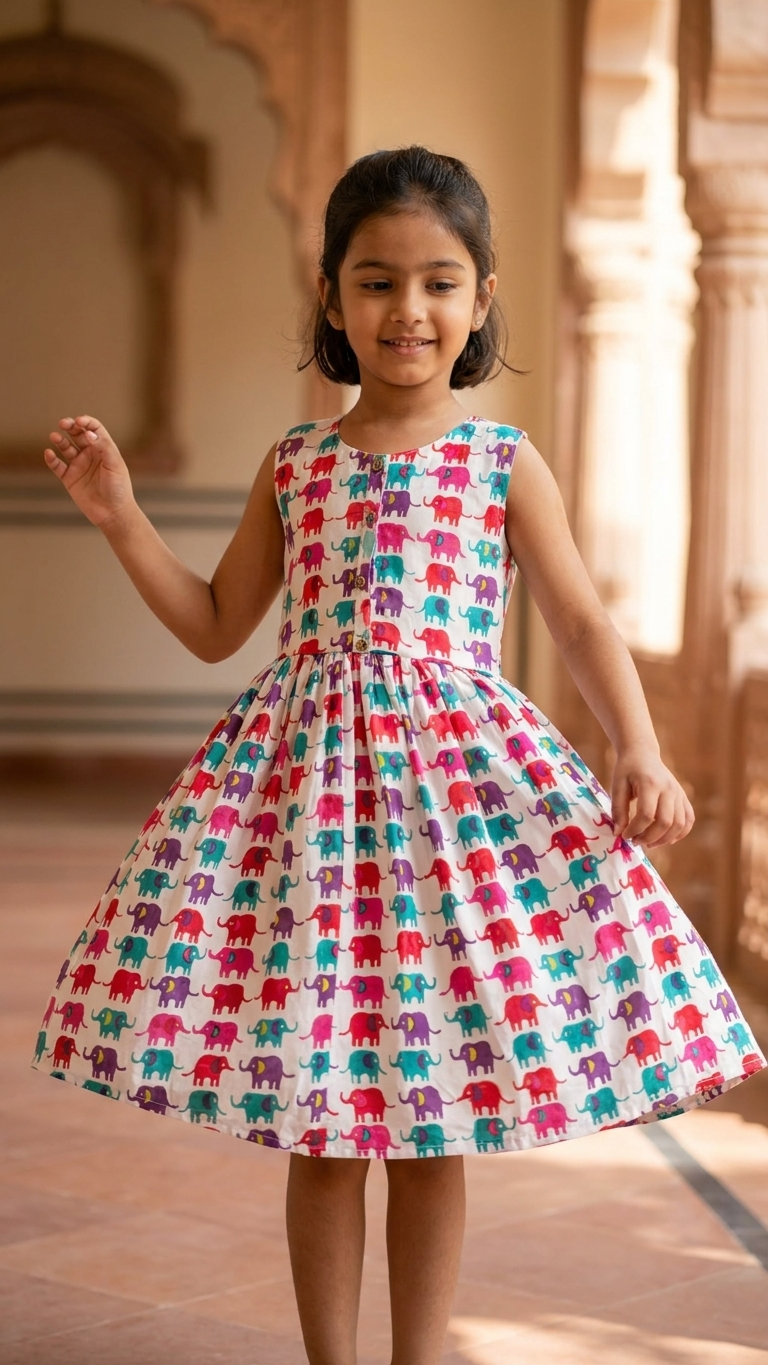 Elephant Parade: Girls' Cotton sleeveless Printed Frock