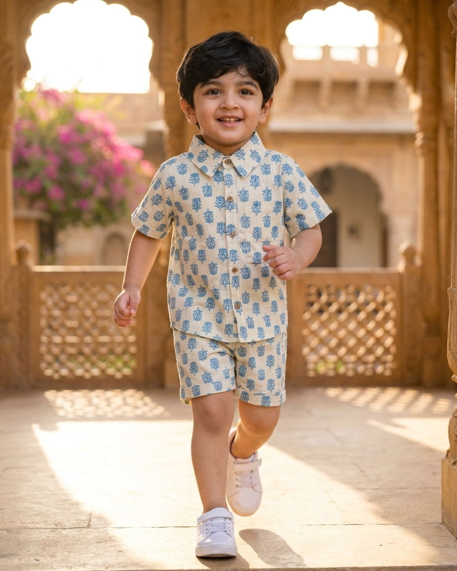 Indigo Boota Boys' Cotton Co-ord Set: Shirt & Shorts