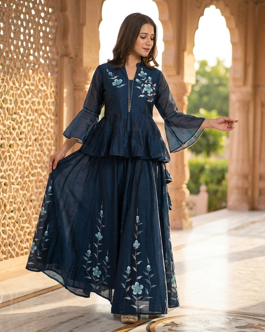 Floral Embroidered Peplum Top and Flared Skirt Set