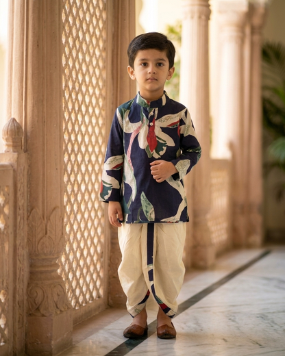 Midnight Botanic Boys' Cotton Kurta & Ready-to-Wear Dhoti Set