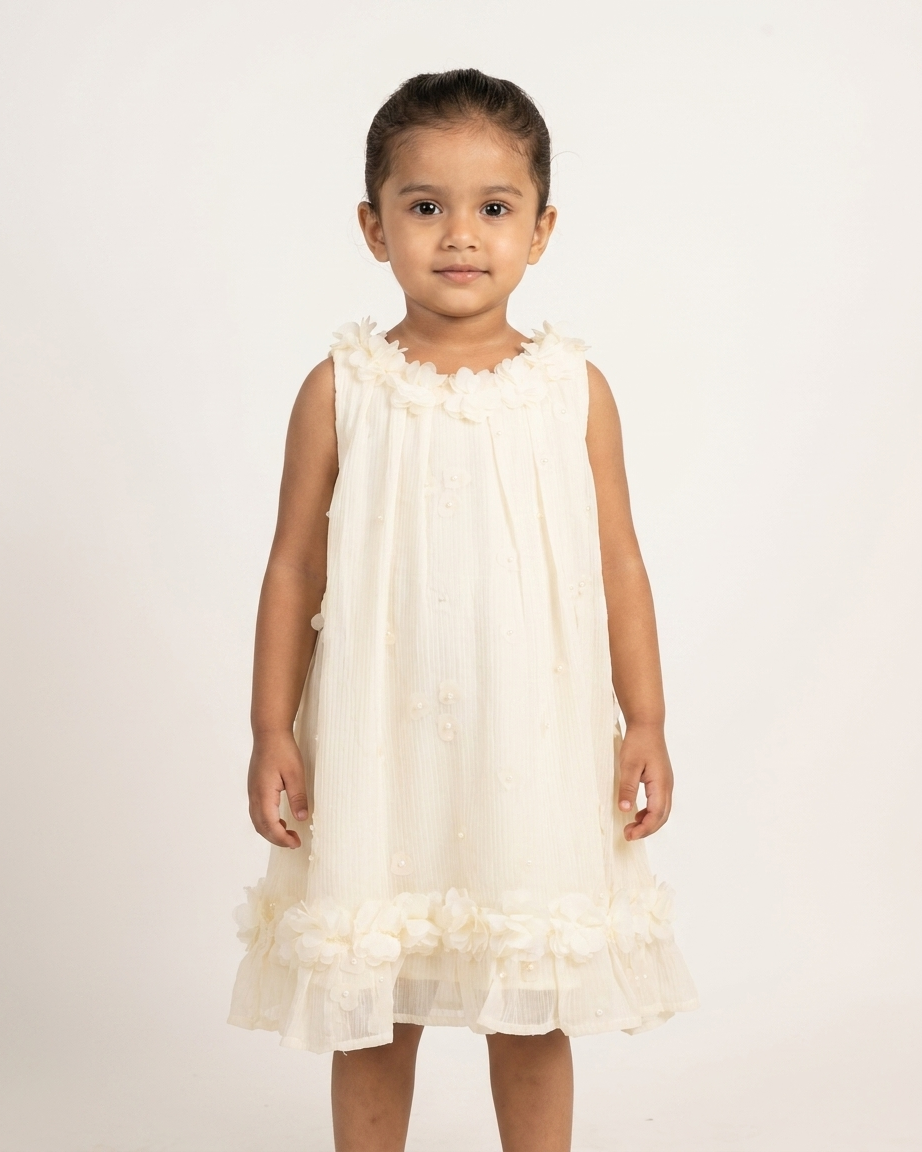 Pearl Blossom: Girls' Cream Pleated Georgette Dress with 3D Floral Ruffles
