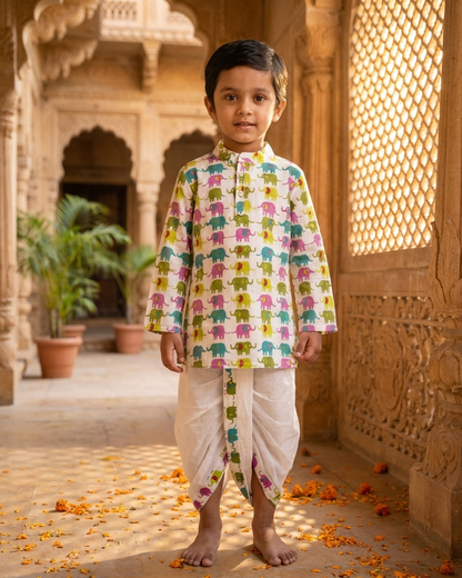 Playful Elephant Print Boys' Cotton Kurta & Ready-to-Wear Dhoti Set