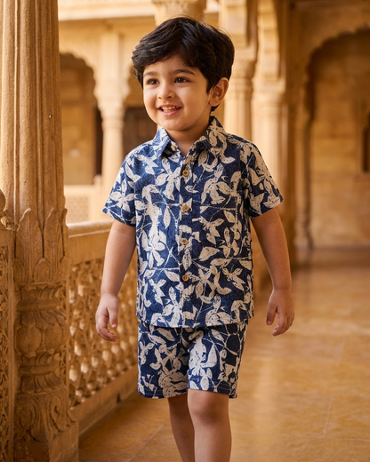 Indigo Leaf Print Boys' Cotton Co-ord Set: Shirt & Shorts
