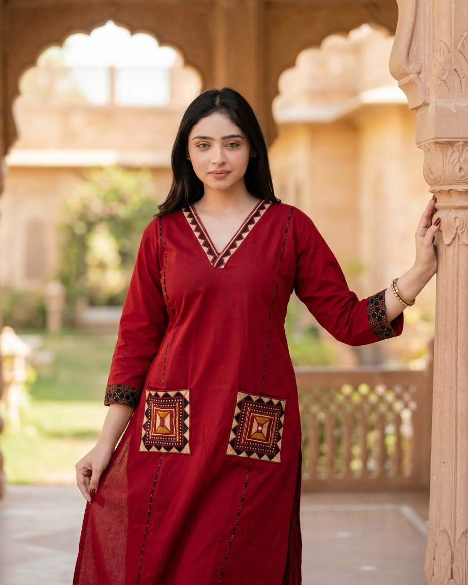 Red Geometric Embroidered Pocket Kurta Set