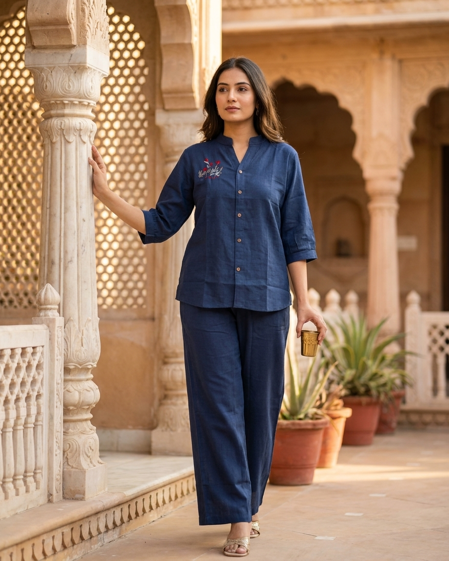 Minimalist Floral Embroidered Button-Down Co-ord Set