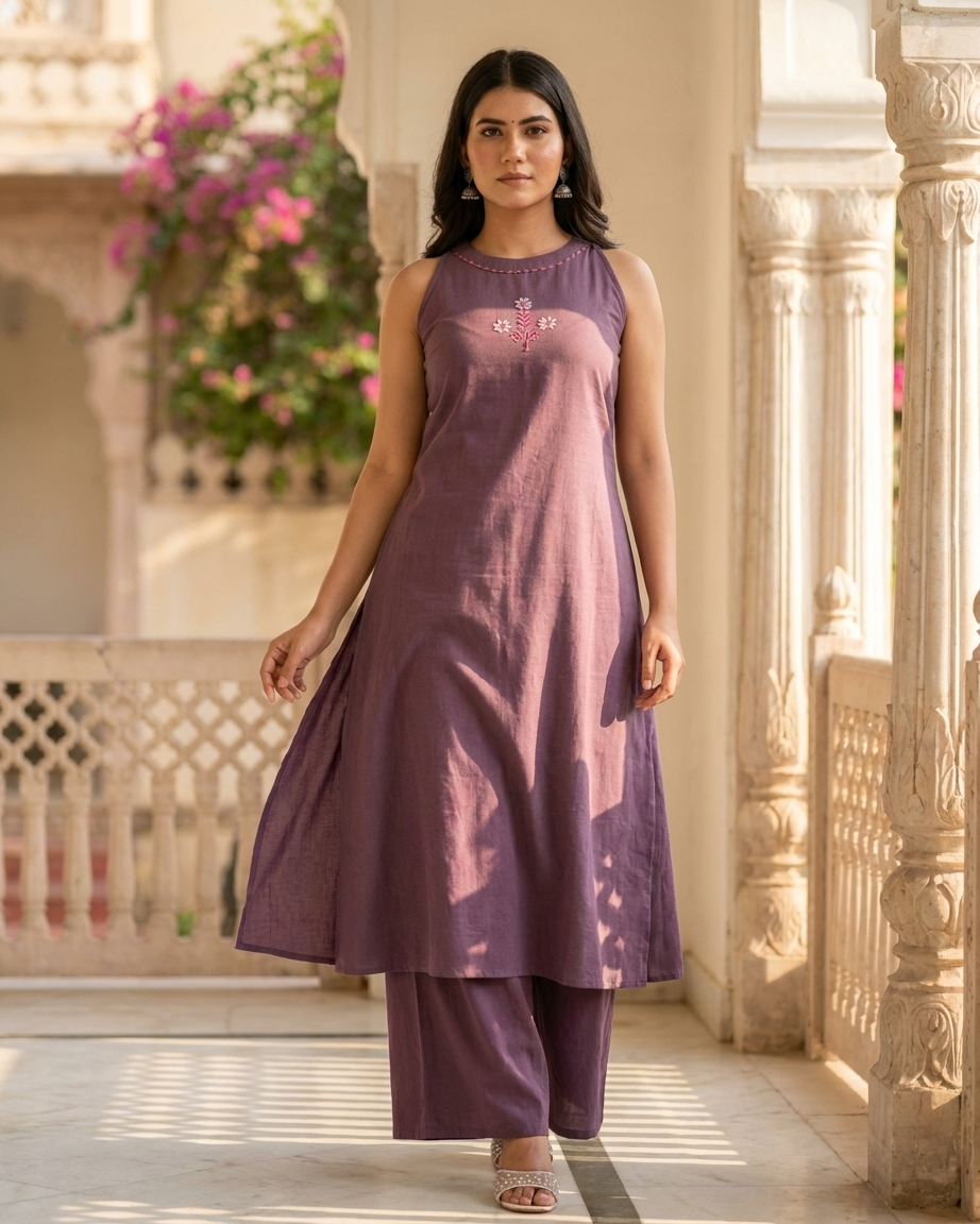 Flared A-Line Kurta Set with Floral Embroidery