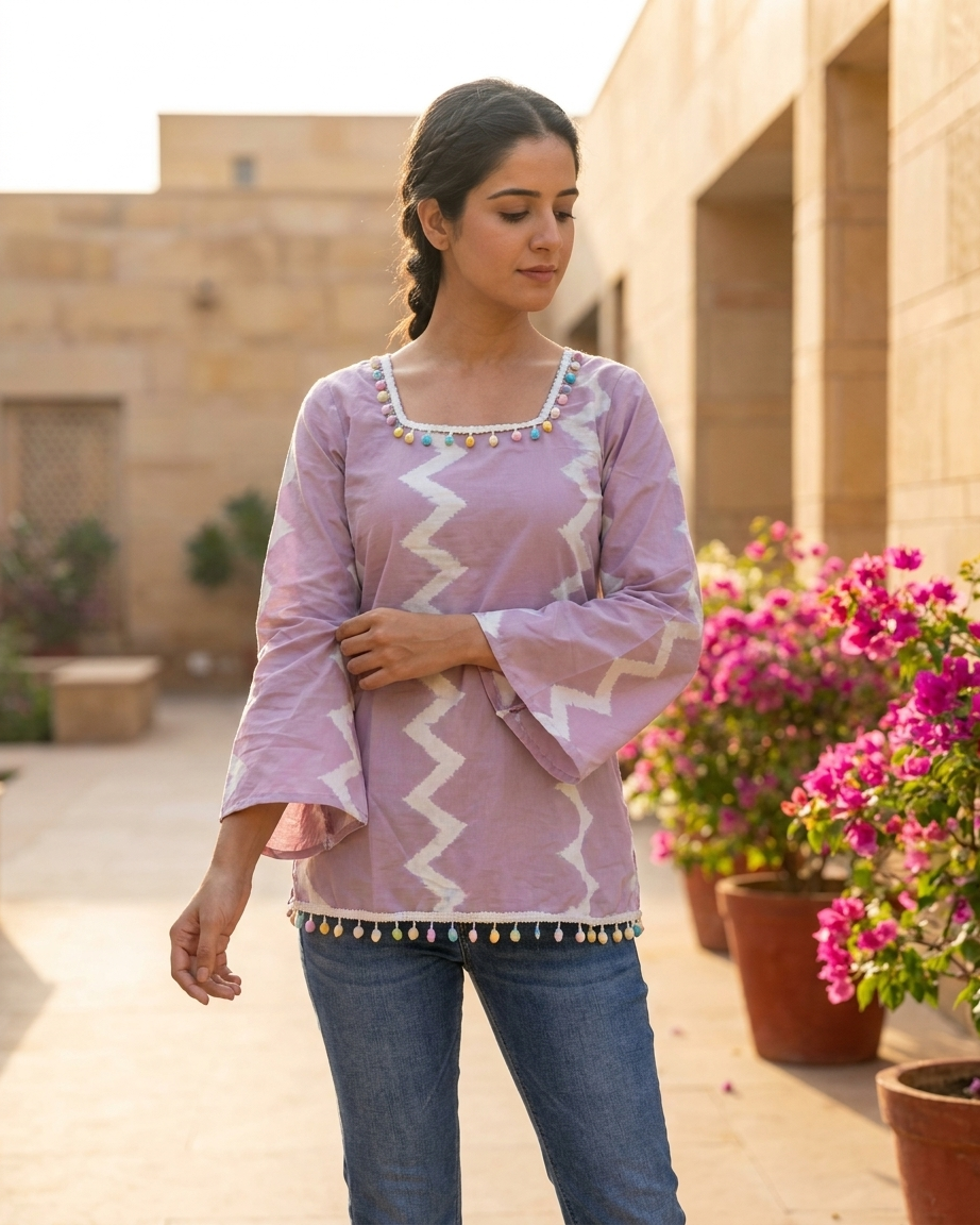 Soft Lavender Geometric Chevron Tunic with Colorful Pom-Pom Trim