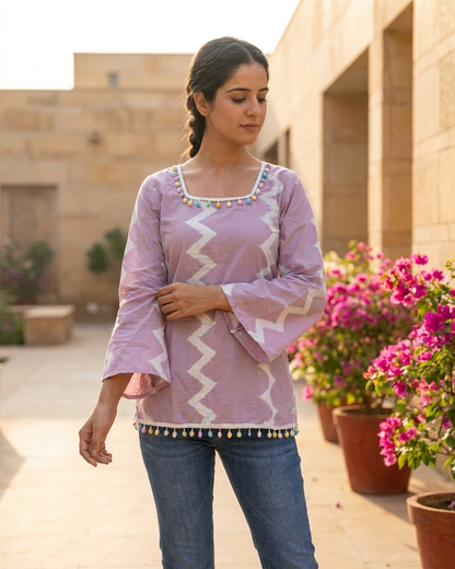 Soft Lavender Geometric Chevron Tunic with Colorful Pom-Pom Trim