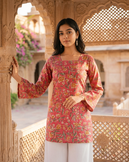 Peach-Pink Floral Cotton Short Kurti with Flared Sleeves