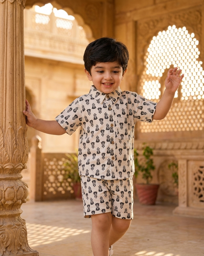 Monochrome Boota Boys' Cotton Co-ord Set: Shirt & Shorts