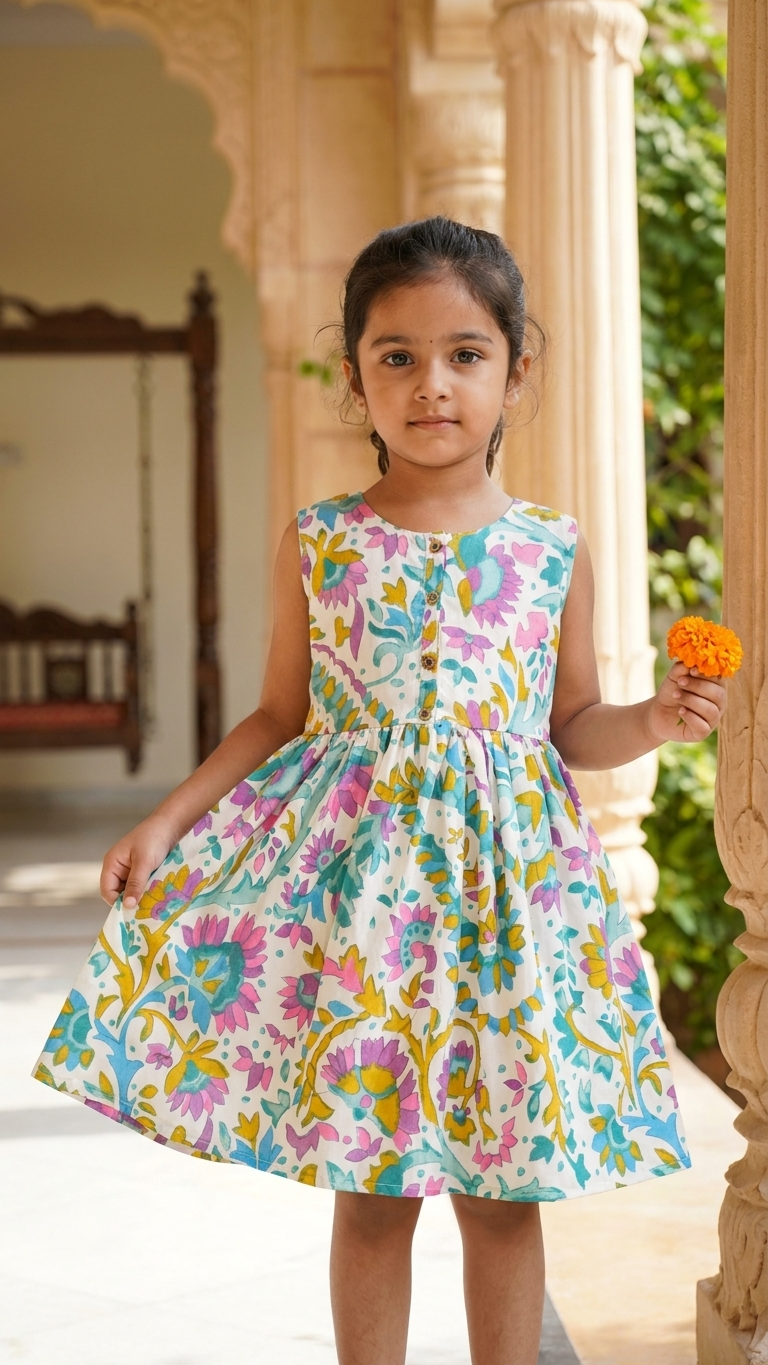 Teal and Lavender Floral Cotton Flared Frock for Girls