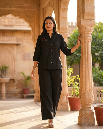 Minimalist Floral Embroidered Button-Down Co-ord Set