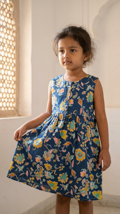 Midnight Paisley Girls' Cotton Sleeveless Frock with Side Ties