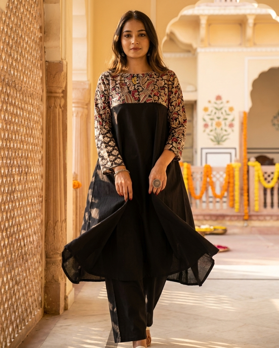 Black Kalamkari Print Yoke Flared Kurta Set