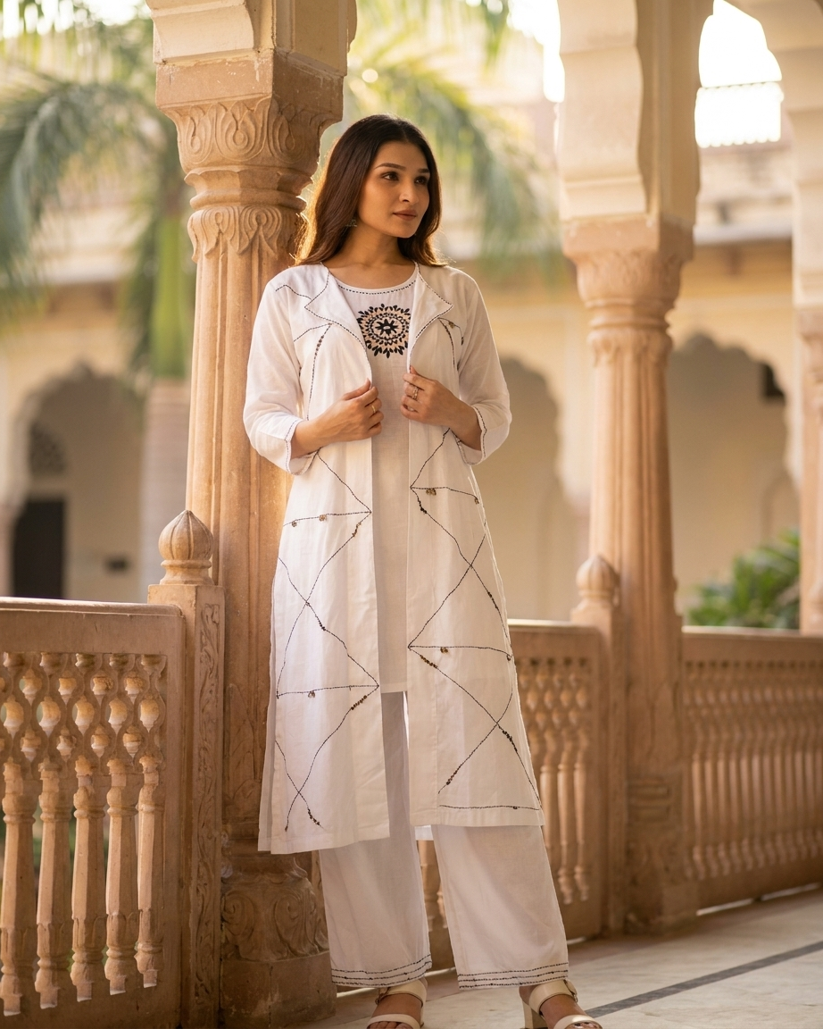 White 3-Piece Layered Jacket Kurta Set
