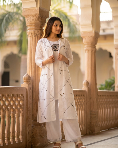 White 3-Piece Layered Jacket Kurta Set