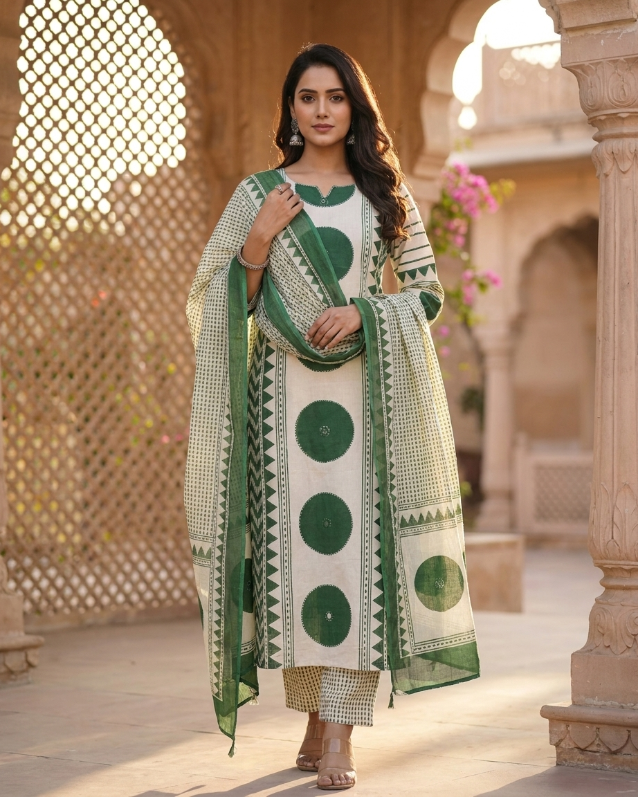 Geometric Print 3-Piece Kurta Set in Green