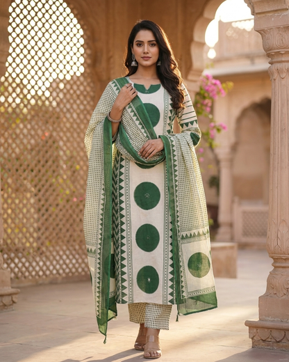 Geometric Print 3-Piece Kurta Set in Green