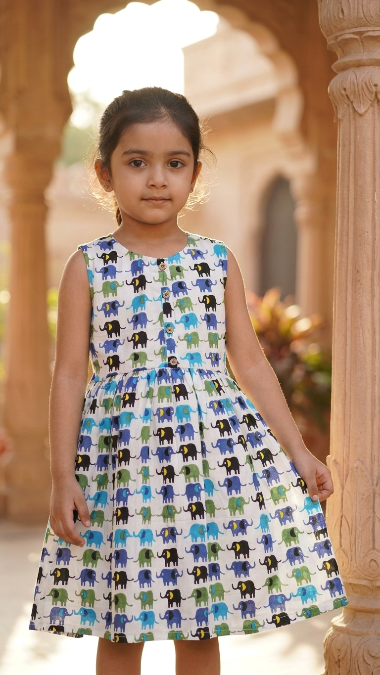 Royal Blue & Green Elephant Print Girls' Cotton Sleeveless Frock