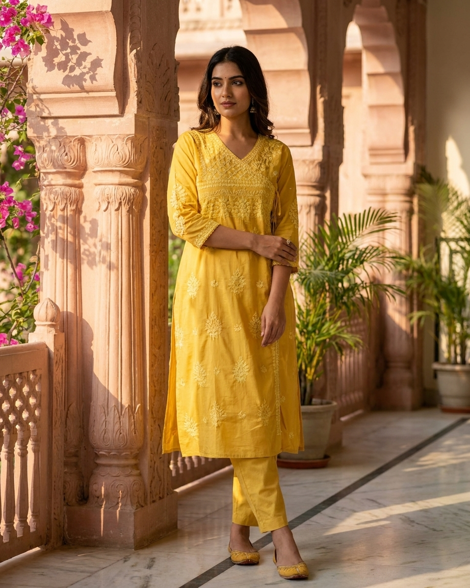 Soft Pastel Angrakha chikan kari Embroidered Kurta Set